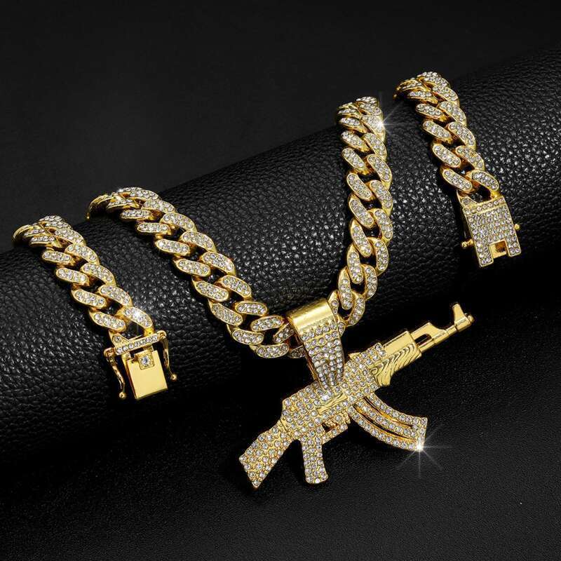 Fashionable Desert Eagle Pistol Full Diamond Pendant Men's Hiphop Rap Hop Versatile Necklace For Men_voghion.com