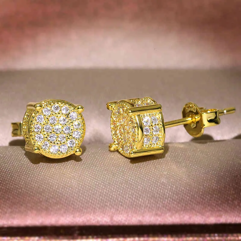 Orecchini a bottone Hip Hop Micro Pave con zirconi bianchi rotondi per uomo e donna, stile rock, oro, brillantini, moda Z4t328_voghion.com
