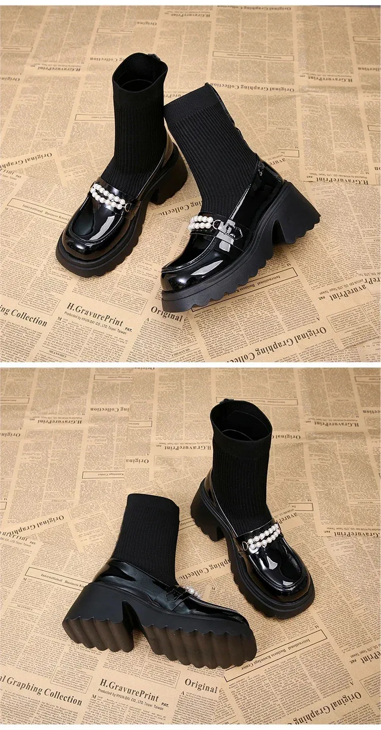 Platåstickade snöstövlar för kvinnor med höga klackar, pärlstövlar i läder, ankelskor 2025, trendiga vinterpumps med strumpor._voghion.com