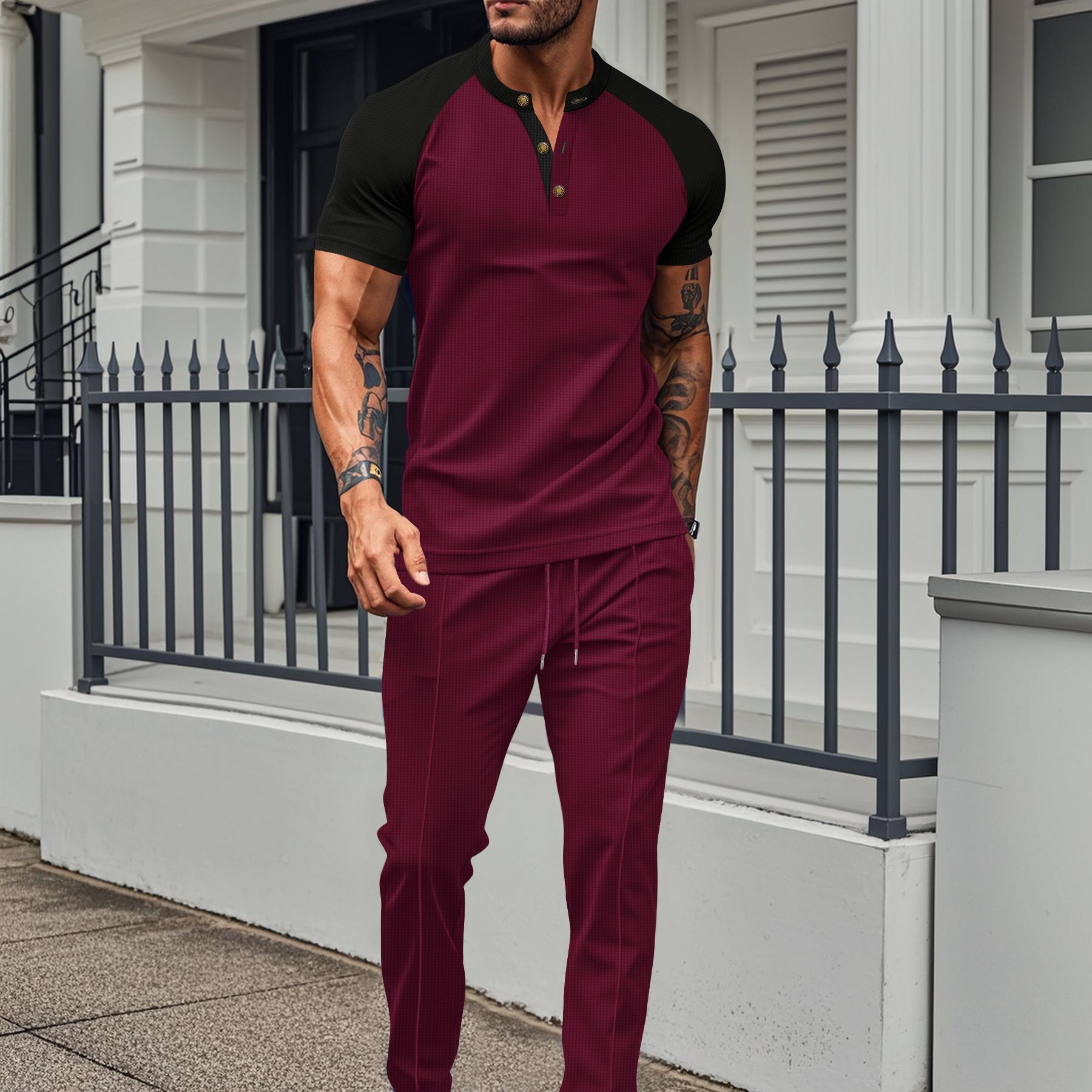 T-shirt et pantalon à manches courtes pour homme, ensemble décontracté à col rond et gaufré, nouvelle collection printemps-été 2025