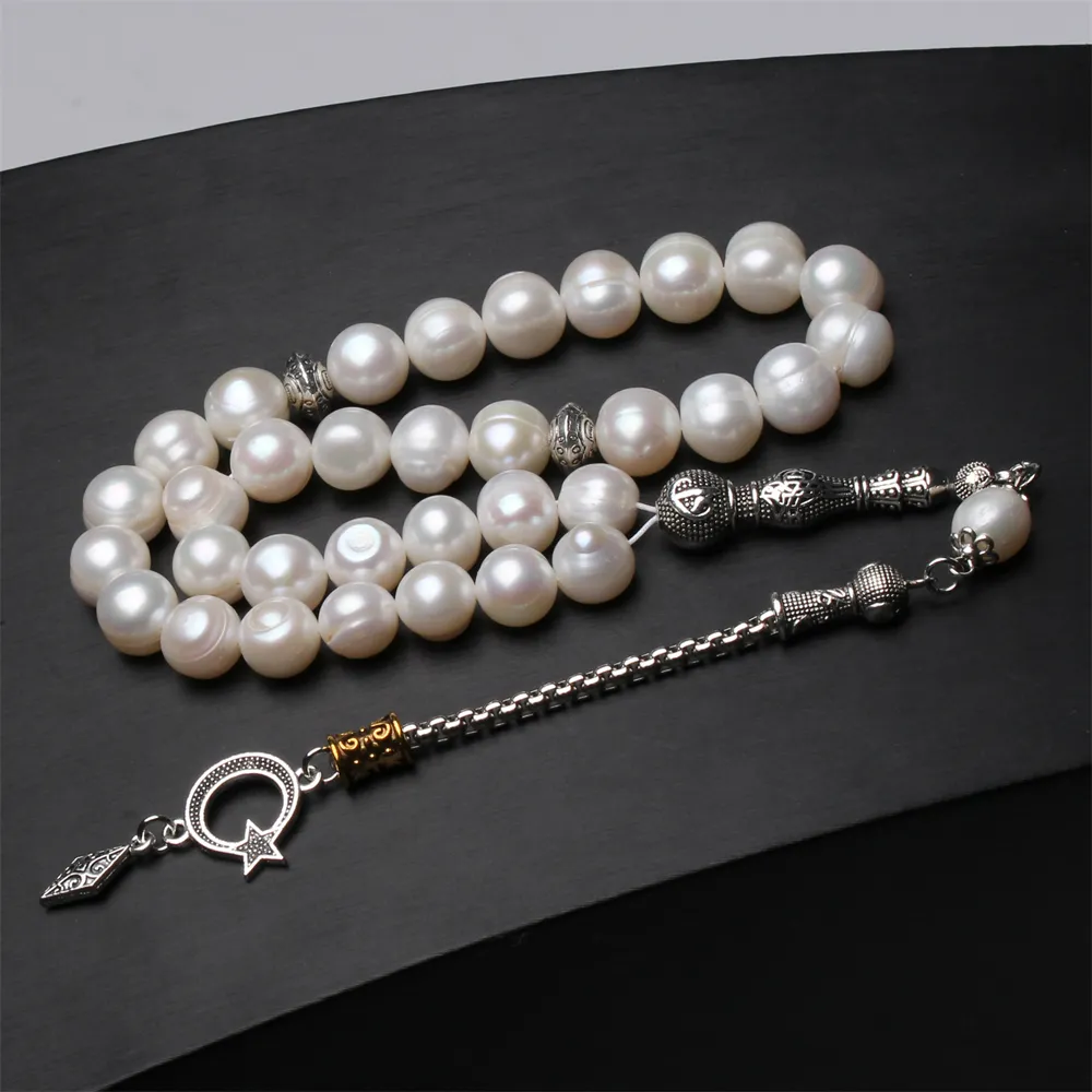 Strand islamiskt rosenkranshalsband 11-12mm Storlek Naturlig sötvattenspärla Muslimska bönpärlor Tasbih Misbaha Subha Bröllop_voghion.com