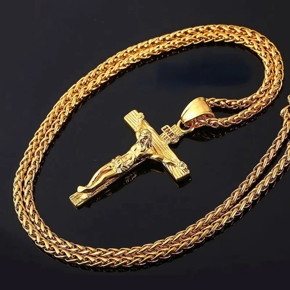 Religious Jesus Fashion Gold Cross Pendent With Chain Necklace Jewelry Gifts For Men Pendant_voghion.com