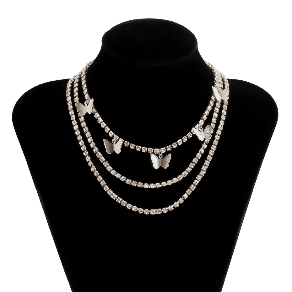 Colliers pendentifs 2023 Punk Tennis Chains Collier papillon pour femmes Mode coréenne Multi couche chaîne ras du cou Bijoux_voghion.com