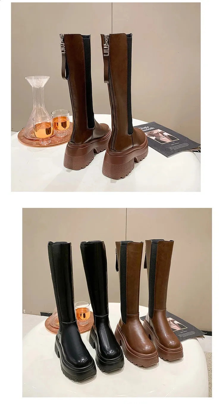 Platform Knee-high Boots For Women Leather Winter Motorcycle Style_voghion.com