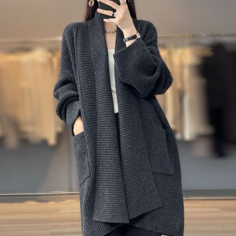 Women's Clothing 2023 mid length lazy style knitted cardigan women's loose design lapel thickened solid color sweater_voghion.com