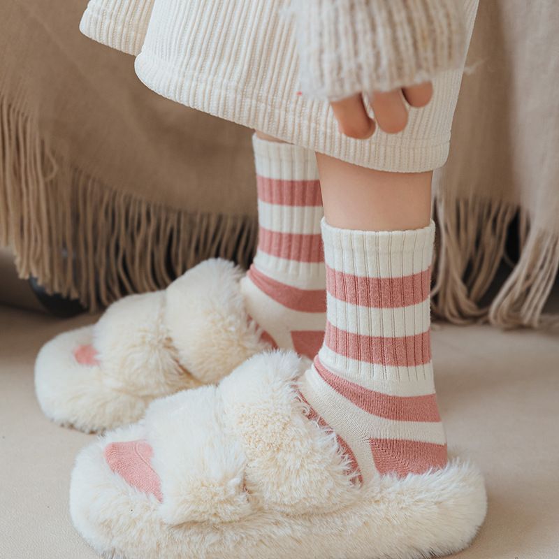 Solid color cotton for children, winter rabbit cashmere, thick midsole women's s, striped embroidery, high elastic_voghion.com
