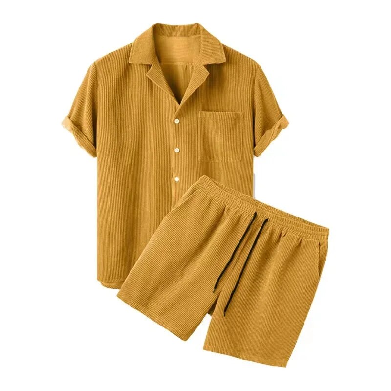 Spring Summer New Solid Men Corduroy Suit Short-sleeve Button Shirts And Shorts Two Piece Sets Casual Outfits Streetwear_voghion.com