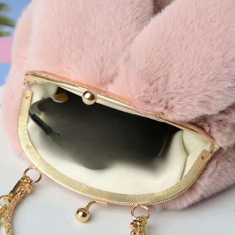 Plüsch Damen Tote Schulter Crossbody Kette Handy Mode kleine runde Tasche mit Hasenohren_voghion.com