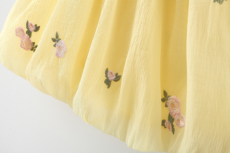 Babymeisje zomer chiffon jurk bloem geborduurd gele jurk Koreaanse stijl kinderkleding_voghion.com