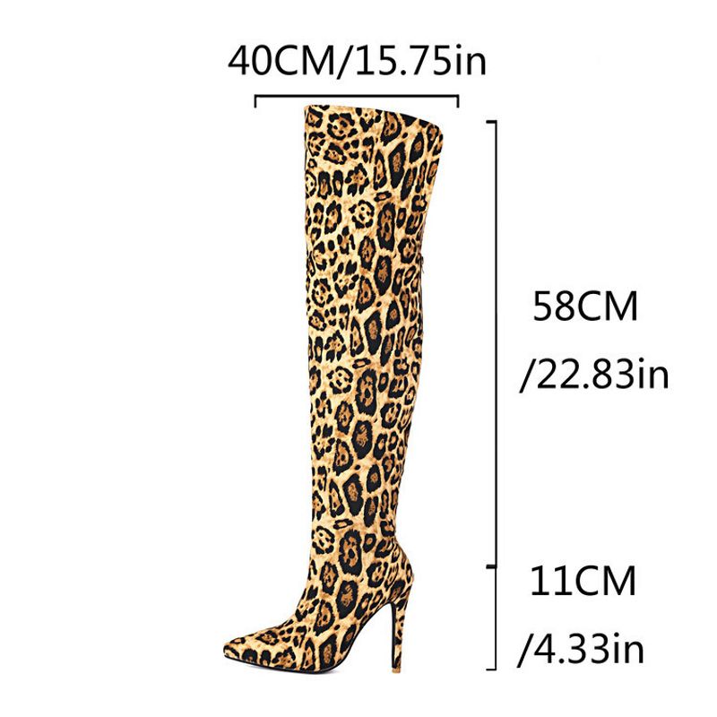 Autumn and winter high heels Pointed leopard print over knee cover legs slimming elastic boots large size 40-47 women's_voghion.com