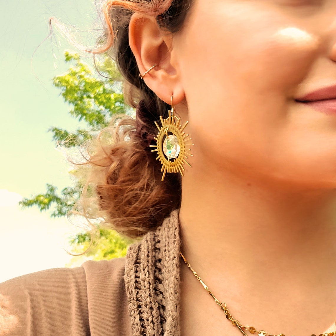 Gold-plated Sun Pendant Drop Earrings With Colored Gemstones_voghion.com