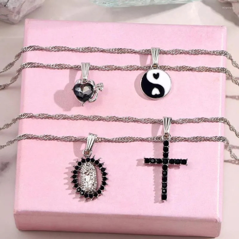 Colar com pingente de cruz e strass preto e corrente punk, moda multicamadas, retrato yin yang, corrente torcida para mulheres_voghion.com