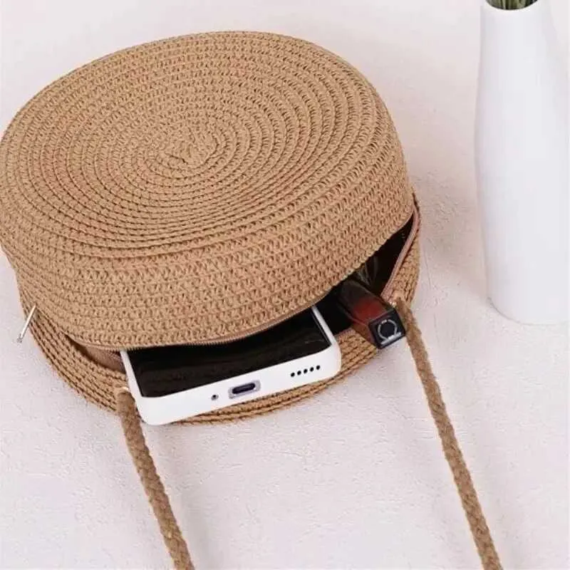Moda Donna Ragazza Rotonda Borsa da spiaggia estiva Borsa a tracolla intrecciata in rattan Borsa a mano Accessori in maglia C241210_voghion.com