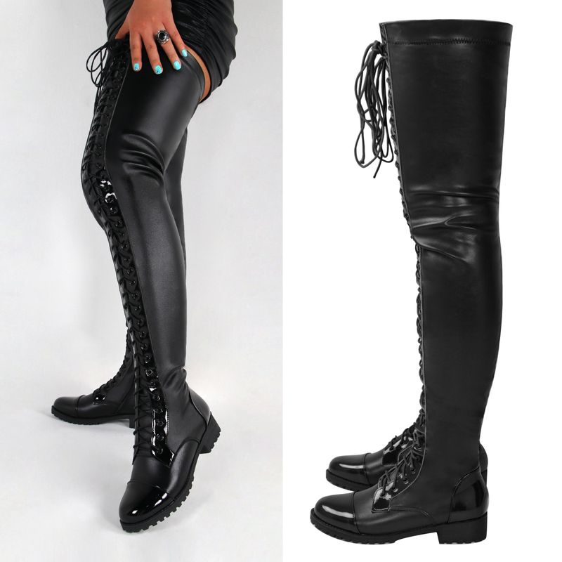 Neue sexy Schnürstiefeletten aus Leder mit seitlichem Reißverschluss und niedrigem Absatz und über dem Knie in Übergröße für Damen_voghion.com