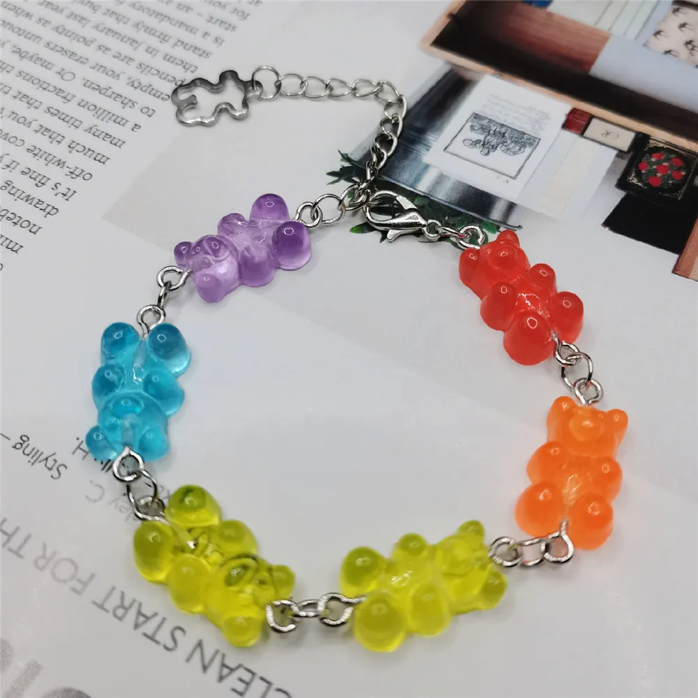 Pulseras de eslabones con bonitos ositos de goma, cadena de acero inoxidable, colgantes, dijes para mujeres, hombres, muñecas, tobillos, joyería para niñas._voghion.com