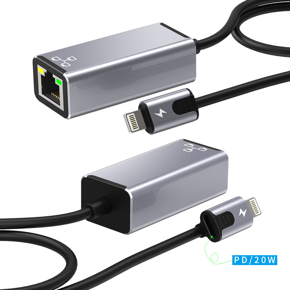 Ethernet-Adapter 8-polig auf RJ45 PD20W, Ladefunktion für externe 100-Mbit/s-Netzwerkkarte, Plug-and-Play-Gehäuse aus Aluminiumlegierung für iPhone/iPad_voghion.com