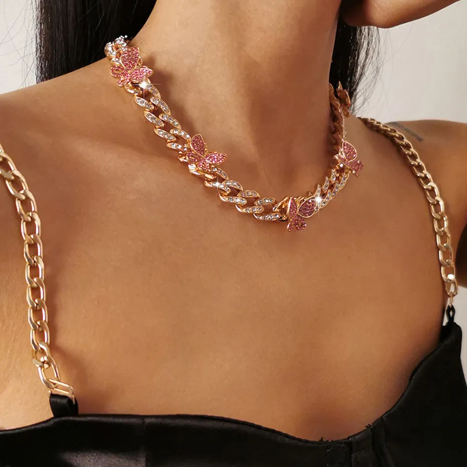 Collana a farfalla punk ghiacciata, 1 pezzo, catena cubana a forma di farfalla, con ciondolo a forma di cuore, stile rapper, bracciale e collane._voghion.com