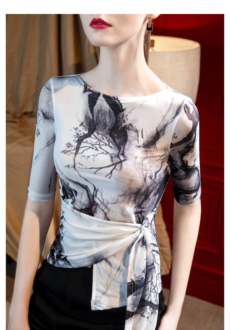 Abbigliamento da donna estate nuovo stile maglia stampata top irregolare elegante cinturino in vita bella piccola maglietta_voghion.com