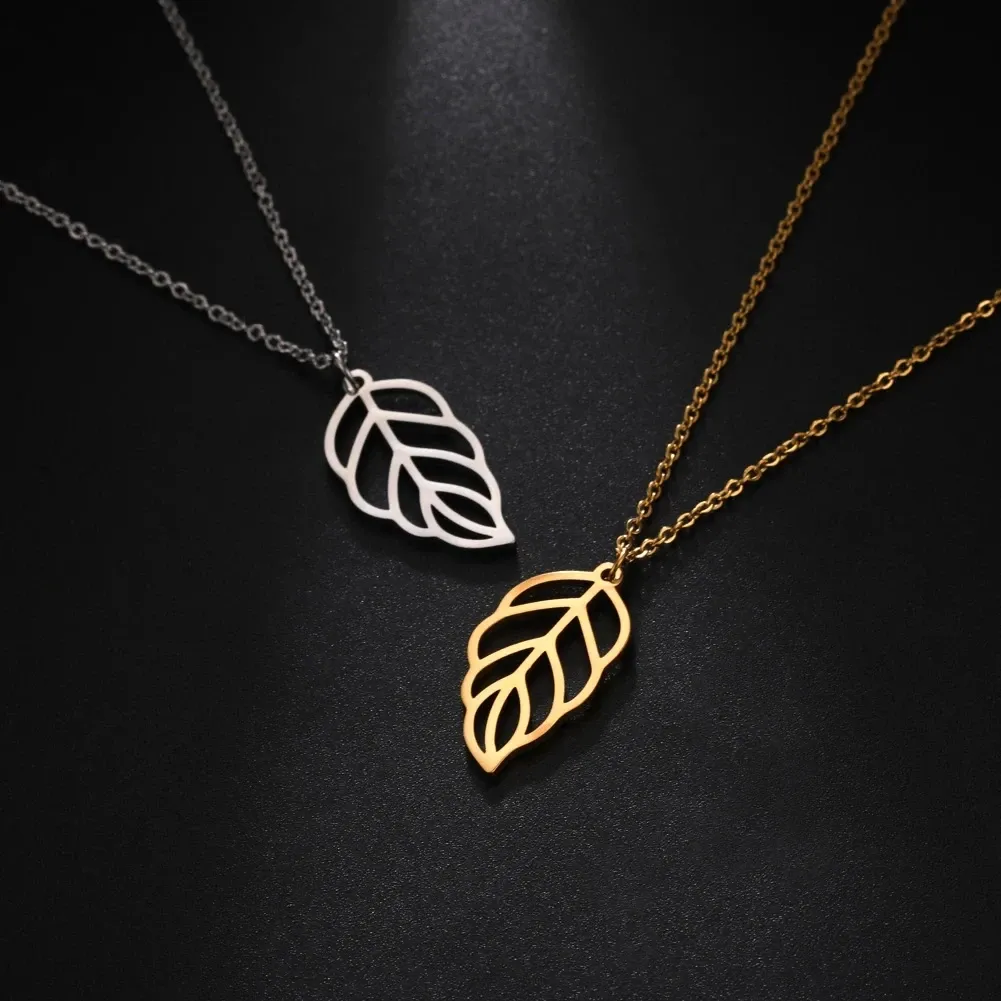 Leaf Pendant Necklace Stainless Steel Simple Natural Jewelry_voghion.com