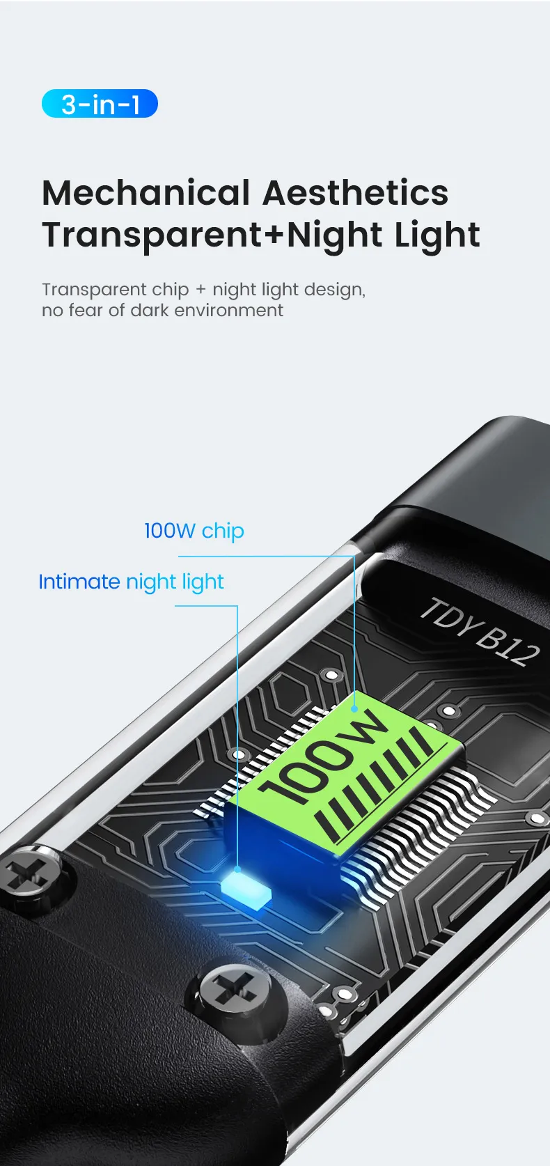 New Transparent LED Night Light Fast Charging Supports 100W 3 In 1 USB Charger Mobile Phone Type C Data Cable For Iphone_voghion.com