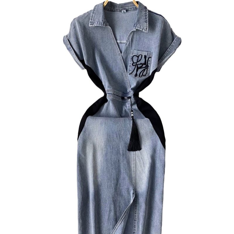 Kadın Giyim Retro ulusal trend tarzı kot elbise kadınlar için retro nakış bel inceltici yırtmaç kalça sarma moda_voghion.com