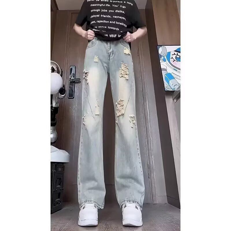 Jeans Used-Look, dünn Sommerhose für Herren Distressed-Design, gerade geschnittene Micro-Schlaghose im amerikanischen_voghion.com