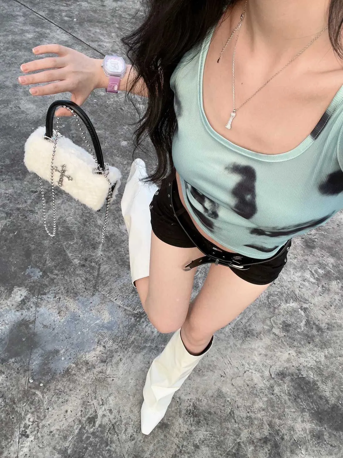 Quick view list Y2k Gothic Handbag for Women Soft Plush Cross Applique Chain Shoulder Hot Girls Hip Hop American Style_voghion.com