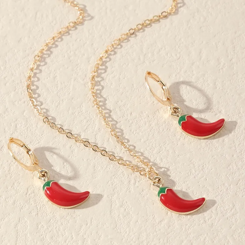 Collana Orecchini Set Coreano Carino Piccolo Rosso Smalto Ciondolo Clavicola Catena Con Peperoncino Gioielli Donna Festa_voghion.com