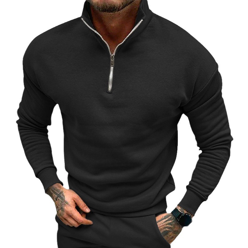 Men's Casual Plus Velvet Solid Color Long-Sleeved Half-Zipper Polo Stand-Up Collar Top