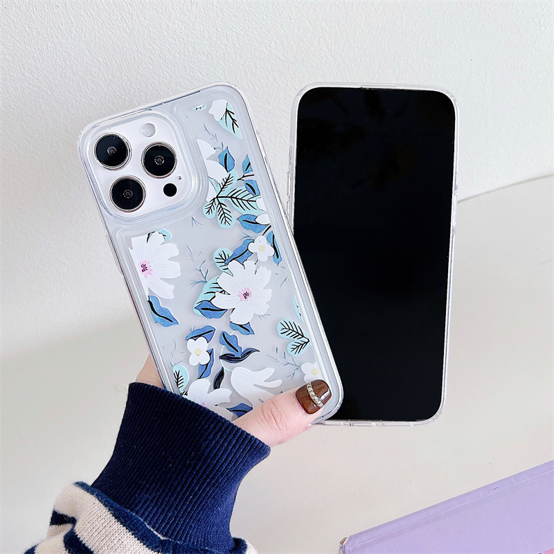 Blommigt genomskinligt telefonskal för iPhone 15 14 Plus 13 12 11 Pro Max stötsäkert silikon mjukt TPU bakstycke_voghion.com