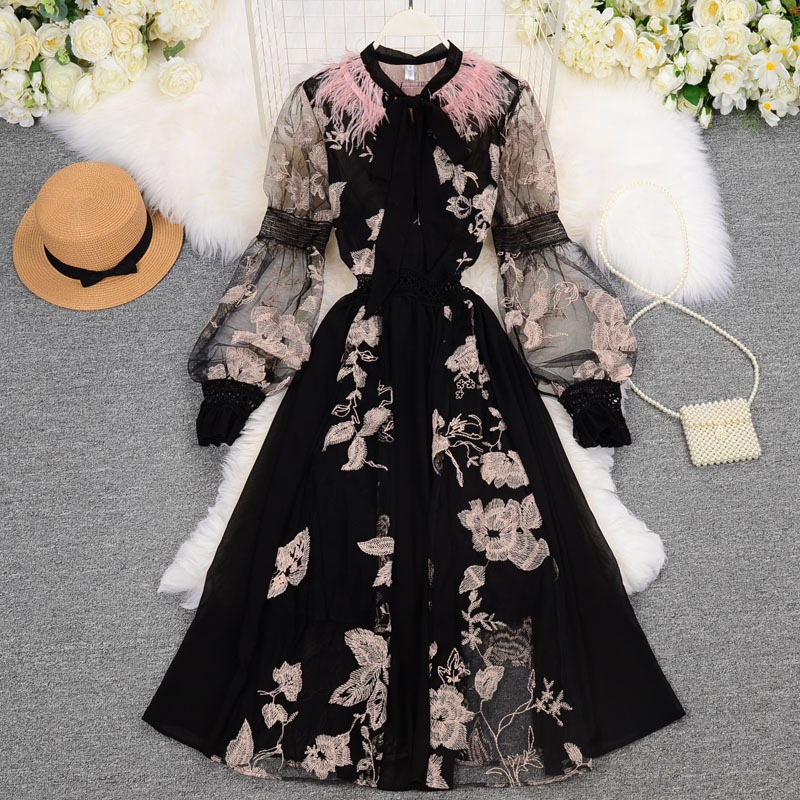 Women’s heavy embroidery flowers ostrich feather lace-up elegant dress for women