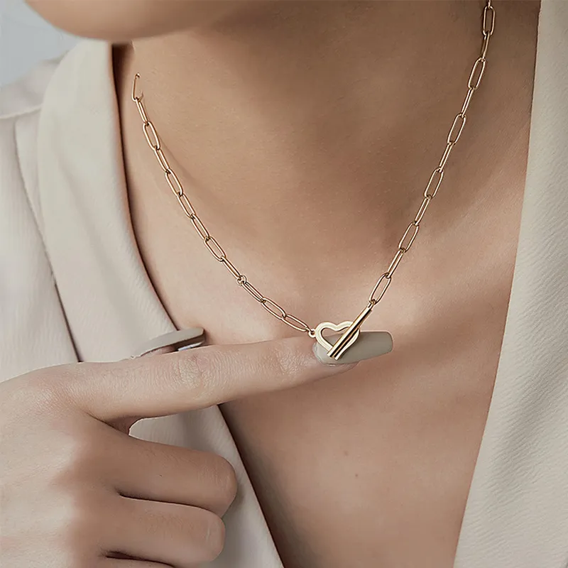 Chains Fashion Jewelry Necklace For Women Hollow Love Ot Buckle Stainless Steel Necklaces Peach Heart Neck Jewellery_voghion.com