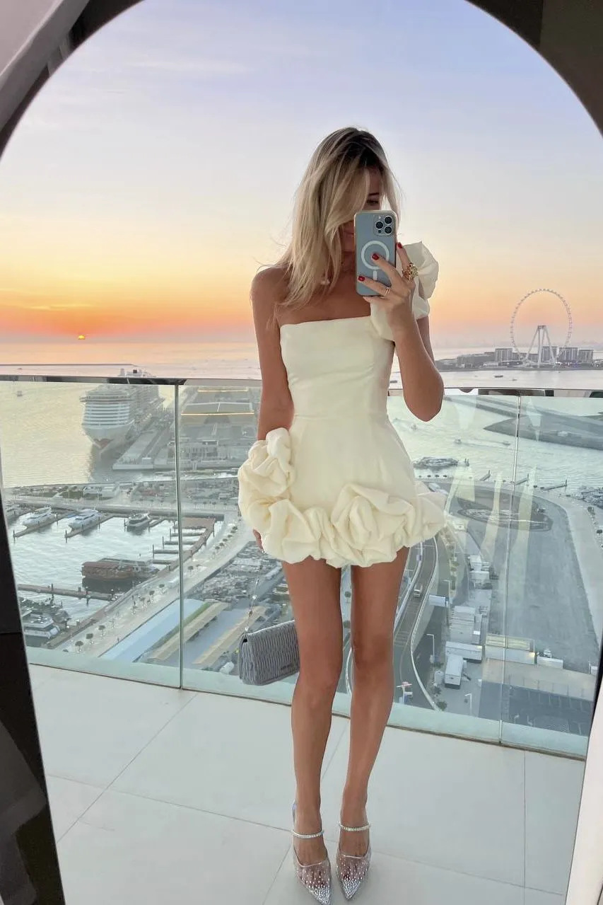Robe d'été pour femmes, robe à volants à la taille avec boutons floraux, bandeau à une épaule, jupe de hanche_voghion.com
