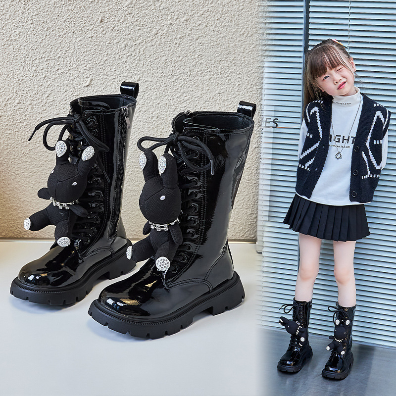 Bottes longues pour filles 2024 nouvelles bottes longues pour enfants d'automne et d'hiver bottes mi-hautes Princess Fashion bottes en lapin à doublure simple