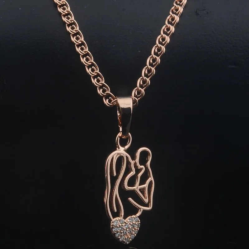 Colliers pendentifs pour femmes et hommes en or rose 585 avec pendentif en forme de cœur en cristal pour mère et bébé_voghion.com