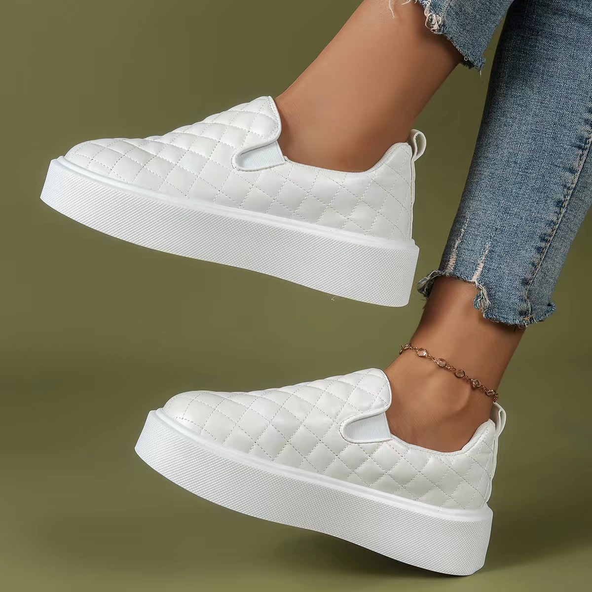 Damenmode große Größe flache flache runde Kopf niedrige karierte Einzelschuhe für Frauen einfache einfarbige Fußset faule Halbschuhe_voghion.com