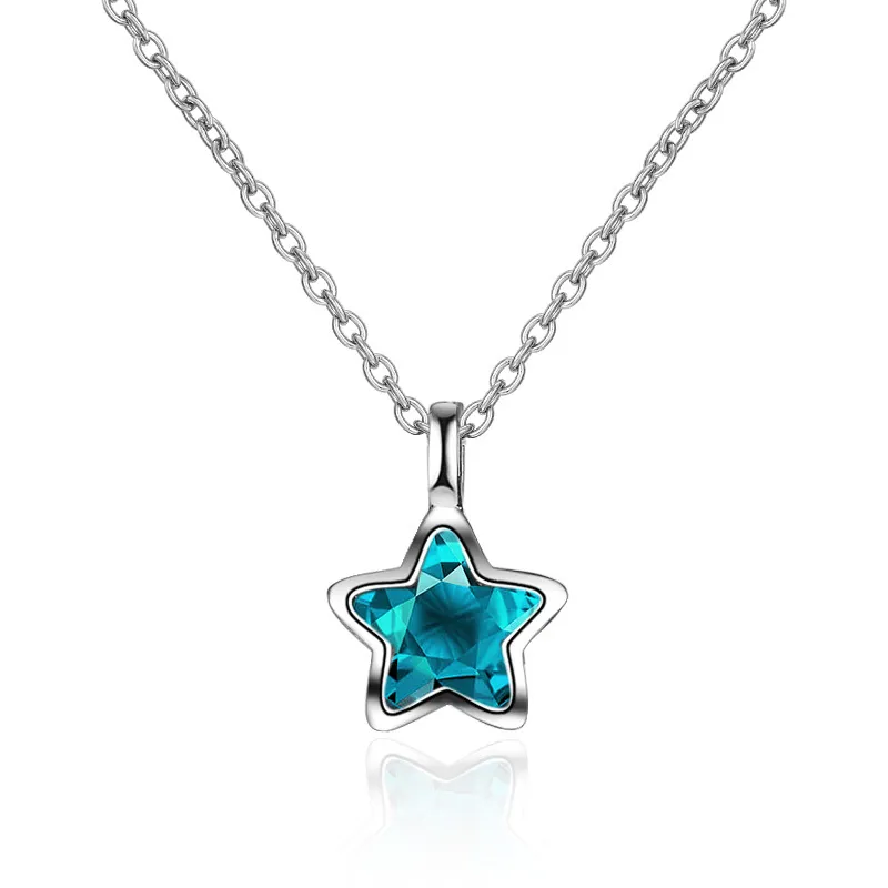Ankunft Sterling Silber Mode Blau Kristall Stern Damen Ketten Halsketten Frauen Mädchen Schmuck Kurze Kette Geschenk Kein Verblassen_voghion.com