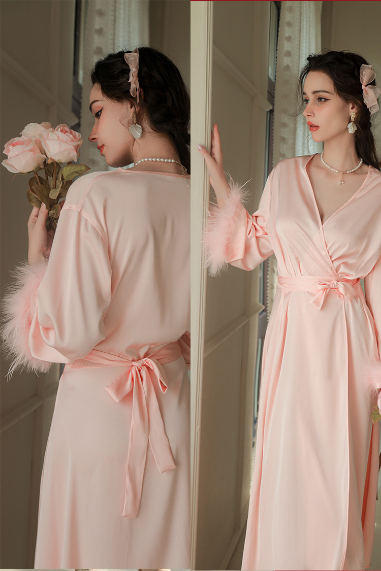 Dameskleding bruid bruid ochtendjurk dames veren nachtjapon bruiloft make-up bruidsmeisjes bruiloft kimono satijnen lange badjas_voghion.com