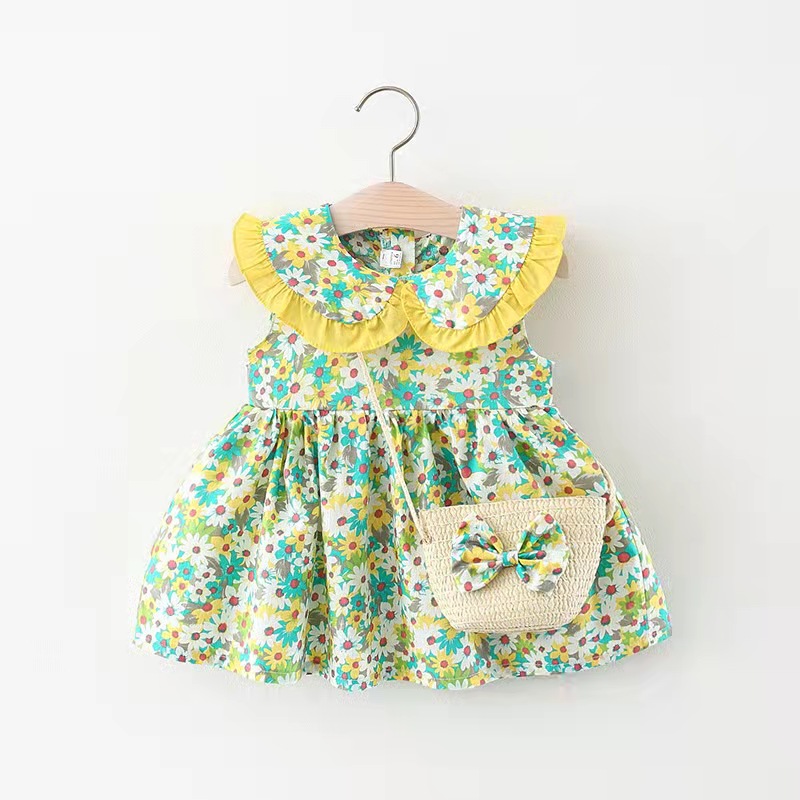Bloem bedrukte babymeisjesjurk Mouwloos poppenkraagje Schattige jurk Verjaardagsfeestjurk Stuur strik tas_voghion.com