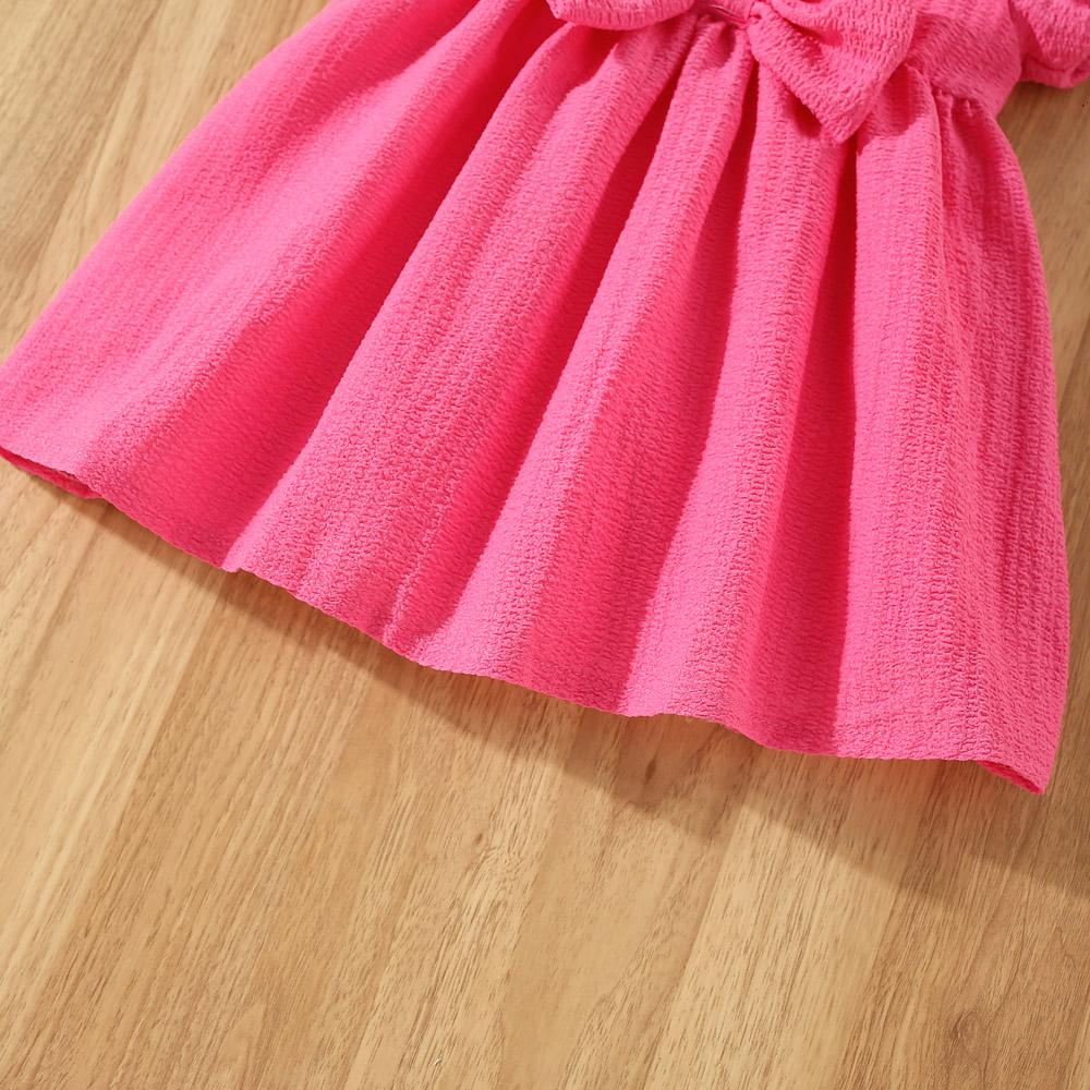 Vestido de verano de manga corta para niña, color liso, con mangas abullonadas y lazo, ropa cómoda para niños_voghion.com