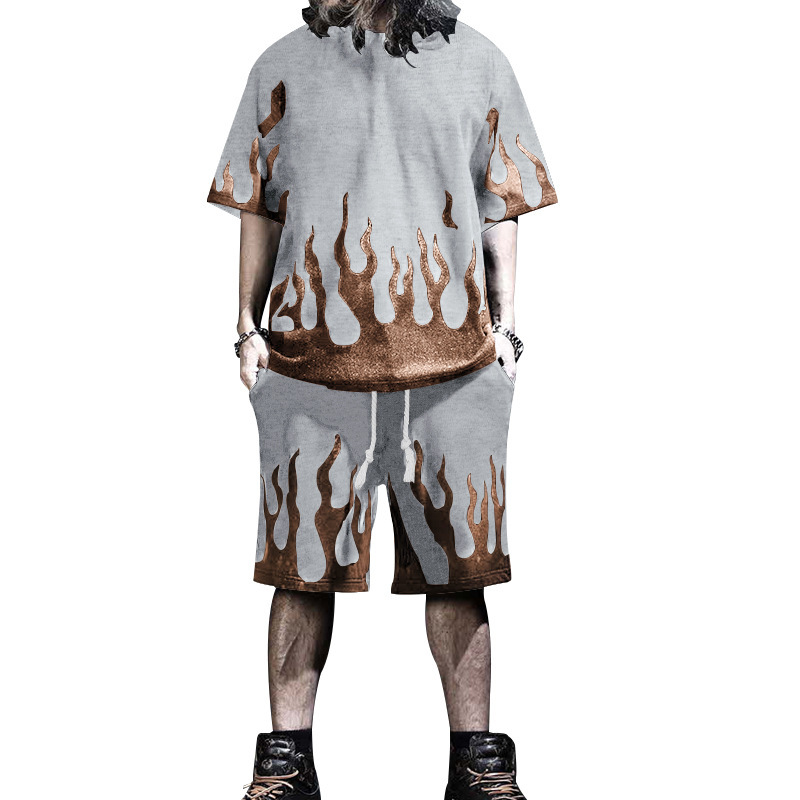 Nowy letni męski zestaw spodenek sportowych z krótkim rękawem z nadrukiem Flame Series_voghion.com