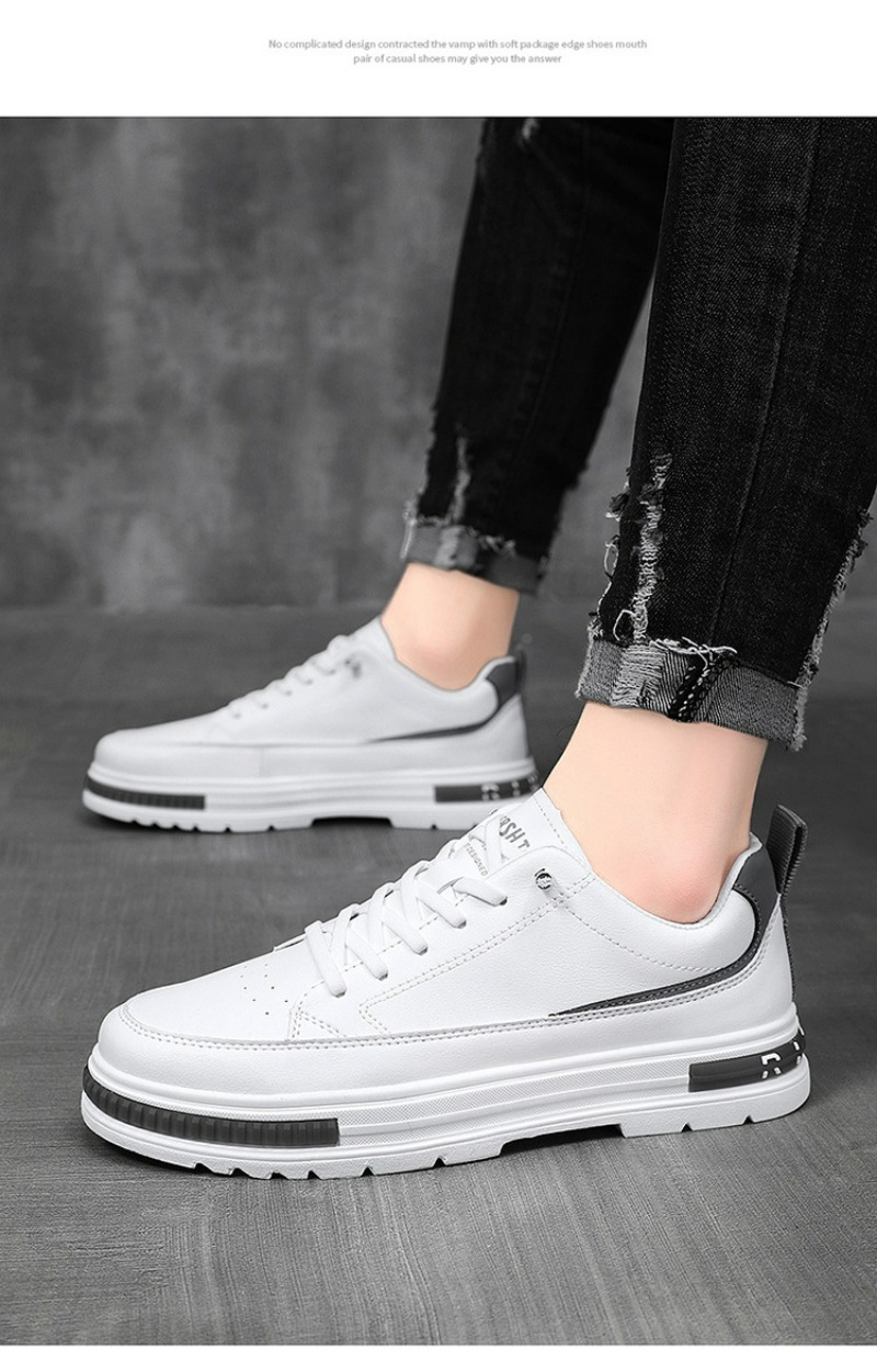 White Leather Men's Casual Trainers Comfortable Walking Shoes_voghion.com