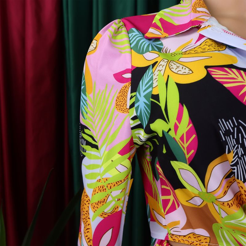 Women's Fashion Print Two-piece Lapel Tie Shirt Wide Leg Pants Suit_voghion.com