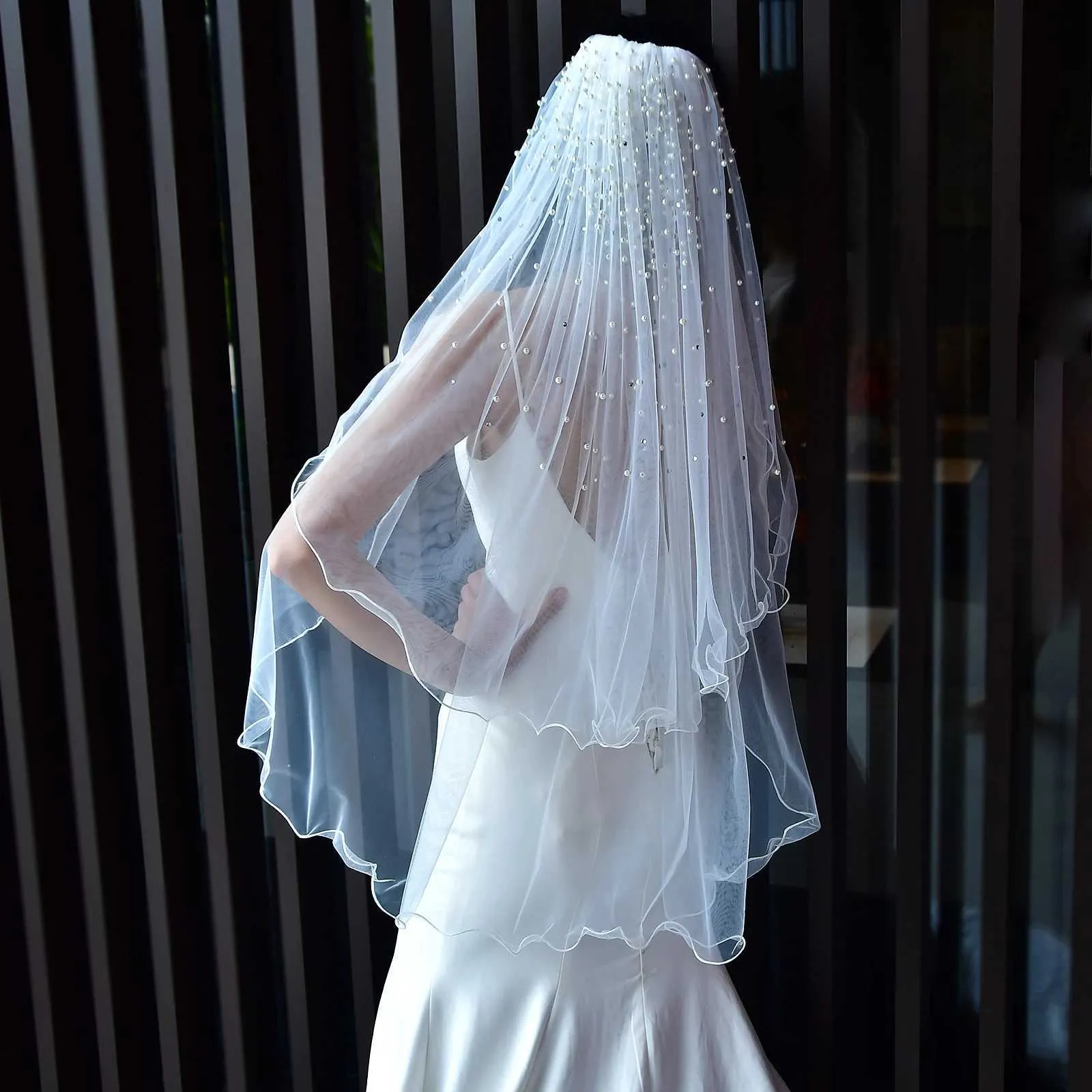 Hair Jewelry MZA32 2 Tier Veil With Blusher Pearls Bridal Veils Elbow Length Wave Pencil Edge Soft Wedding Accessories_voghion.com