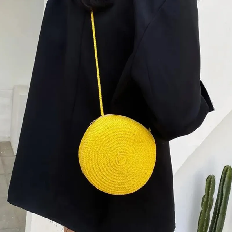 Sacs à bandoulière en paille tissée d'été pour femmes, sac à main rond en rotin fait à la main, petit sac de plage, de voyage, à bandoulière_voghion.com