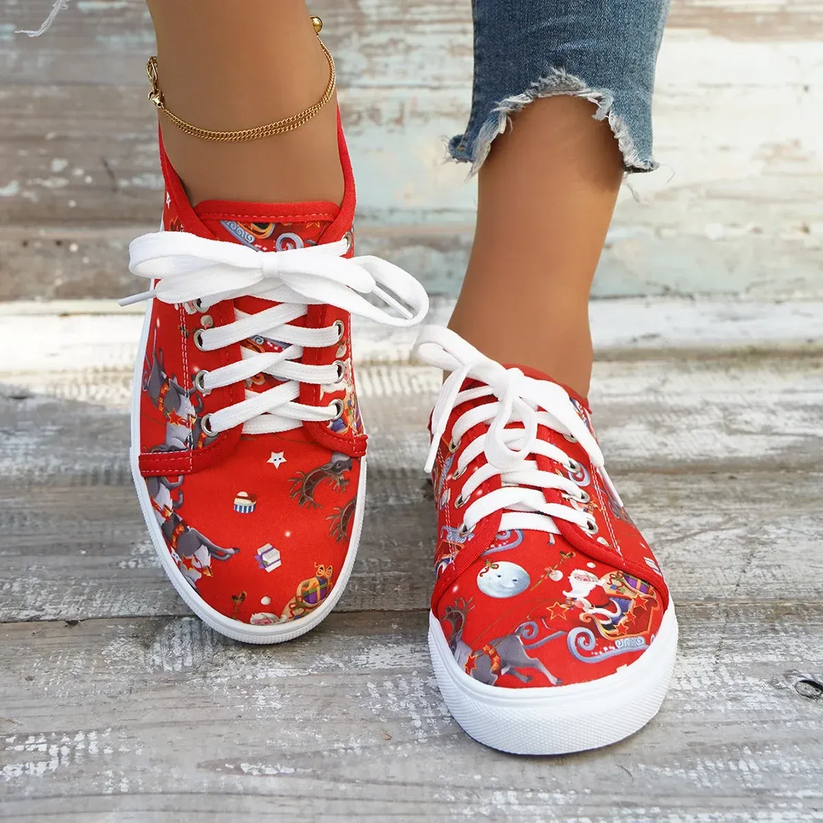 Sneakers di Natale Donna Nuovo Autunno Moda Babbo Natale Stampa Adorabili Casual Scarpe Basse Signore Festival Scarpe Vulcanizzate 2024_voghion.com