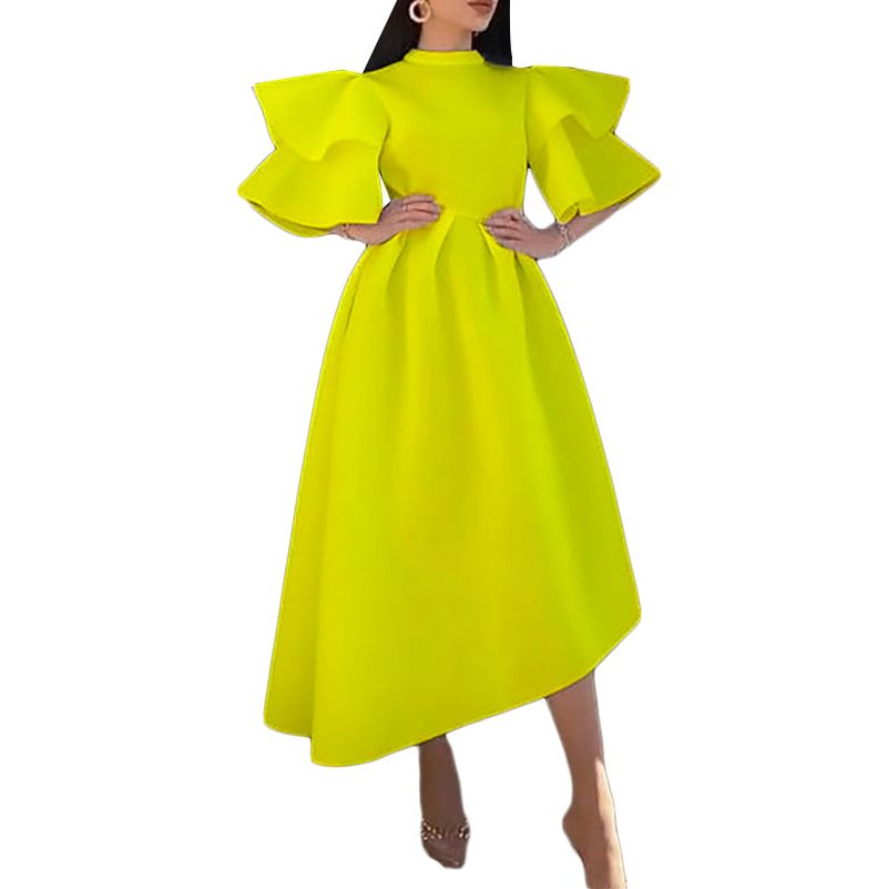 Damen Sommer neues doppellagiges Kleid mit Lotusblattärmeln, einfarbig, unregelmäßigem Rock_voghion.com