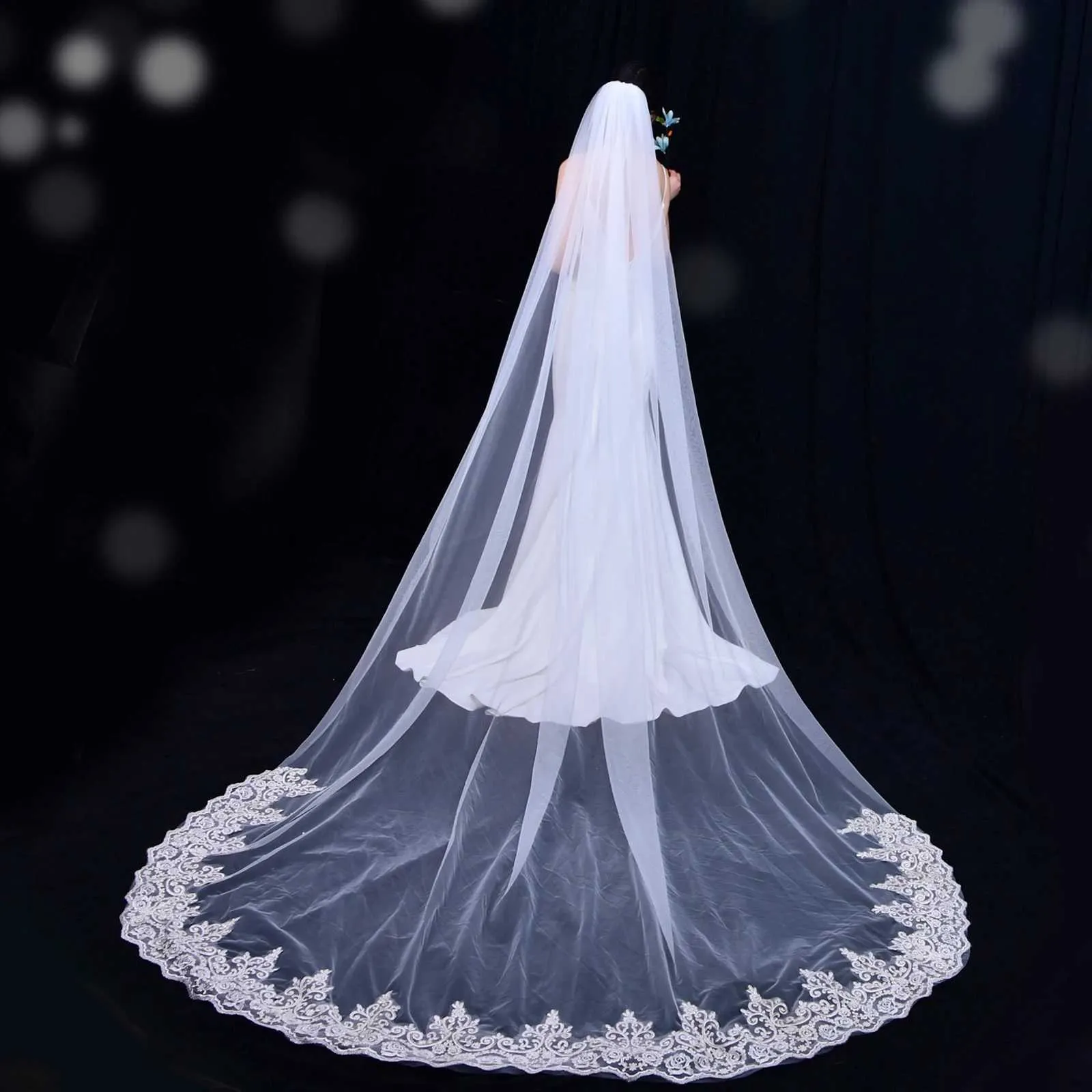 Gioielli per capelli V70 Velo lungo con bordo in pizzo Appliques Veli da sposa 1 strato Tulle morbido con pettine Accessori da sposa per la sposa_voghion.com