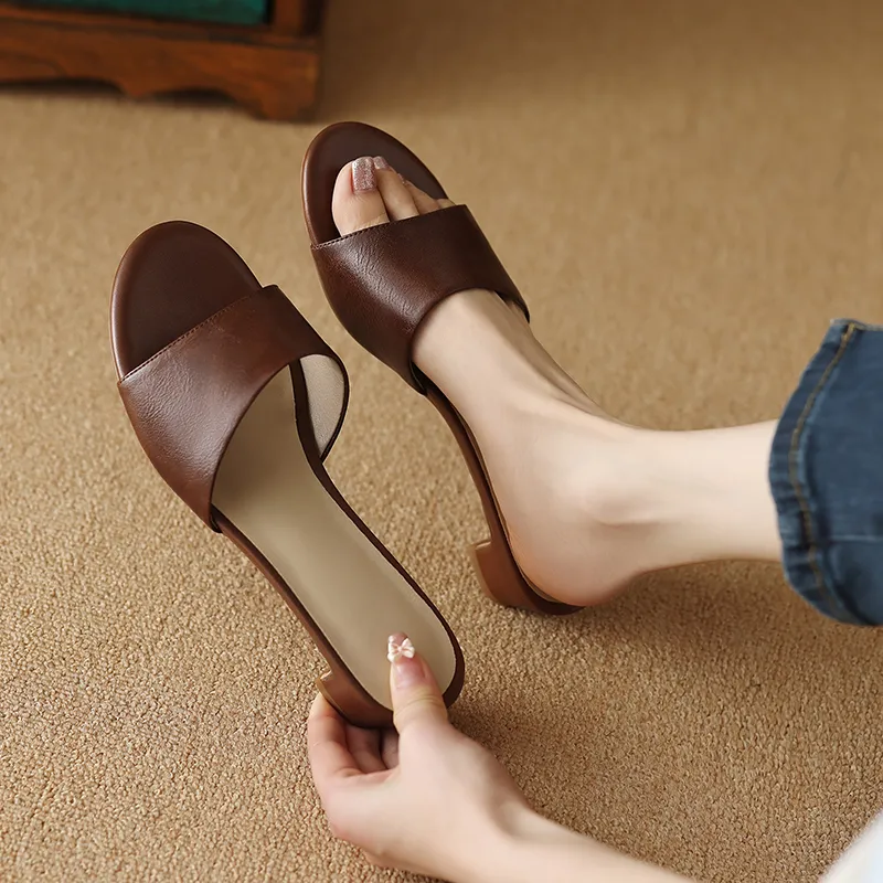 Size JOZHAMTA 33-42 Women Mules Sandals Real Leather Thick Mid Heels Summer Shoes 2025 Casual Daily Home Outdoor Slides_voghion.com