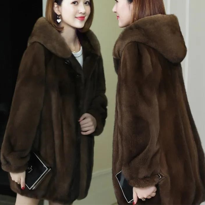 Vêtements pour femmes Manteau de fourrure de vison d'hiver Manteau de vison à capuche moyen et long